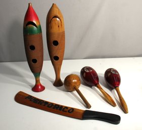 Vintage Puerto Rican Wooden Musical Instrument Set: Guiros, Maracas, And Machete