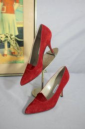 Pair Of Chic Calvin Klein Red Suede Pumps - Size 8.5