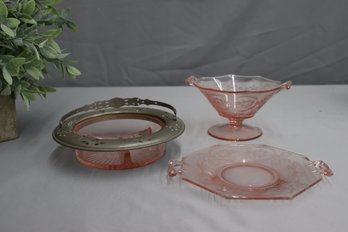 Group Lot Of 3 Vintage Pink Depression Glass Small Serving Dishes/Tray