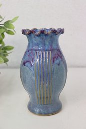 Studio Pottery Flambe Glaze Ceramic Foliate Rim Vase, Maker Mark On Bottom