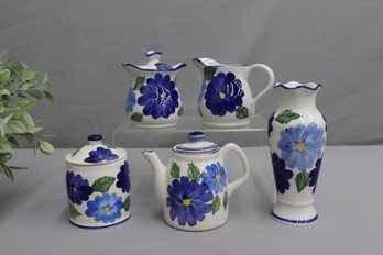 Grouping Of Handmade Ceramic Blue Flower Decorated Teapot, Pitcher, Vase,  Canister, Creamer/Sugar,