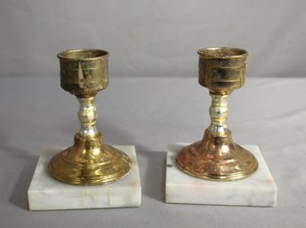 Pair Of Vintage Brass And Marble Candlesticks