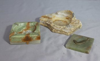 Group Lot Of 3 Carved Alabaster And Soapstone Ashtrays And A Decorative Tile