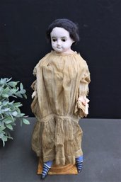 Antique Bisque Doll In Lace Dress With Earrings And Painted Boots