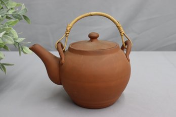 Vintage Chinese Terracotta Teapot With Bamboo Handle