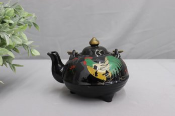 Vintage Black Glazed Ceramic Tea Pot With Rooster & Flower Design