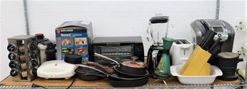 Shelf Lot Full Of Kitchen Stuff - Small Appliances, Pans/Pots, Kitchen Tools, Spice Rack Etc.