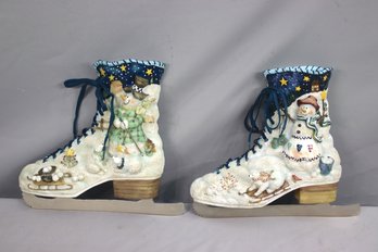 Two Snowman And Sleds  Decorated Ice Skate Wall Figurines