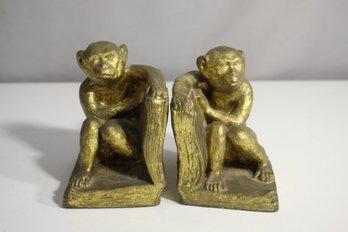 Vintage Brass Monkey Bookends  Set Of Two Sculptural Animal Figures