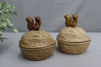 Pair Of Vintage Ceramic Squirrel-on-a-Walnut Covered Dish Bowls