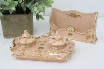 Victorian Style Hand Decorated Porcelain Inkwell & Desk Letter Holder