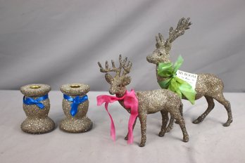 Two Sis Boom Glitter Reindeer Figurines And Two Sis Boom Glitter Candleholders