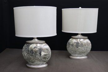 Set Of 2 Cracked Mirrored Glass Lamps With Pearlescent Shades