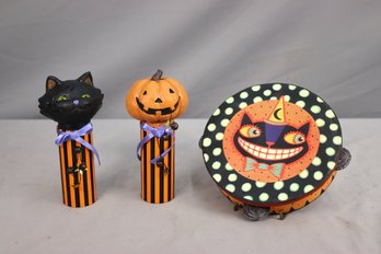 Halloween Pumpkin Head Canister And Cat Head Canister, &  Grinning Cat Tambourine