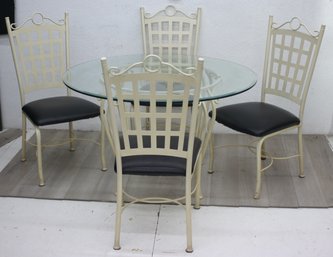 Contemporary 5 Piece White Wrought Iron And Glass Dining Set - Round Glass Top Table And 4 Chairs