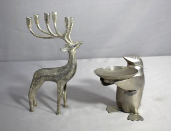 'Restoration Hardware Penguin & Silver-Plated Reindeer Candle Holders'