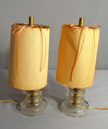 Vintage Set Of 2 MCM Glass Disc Table Lamps With Shades