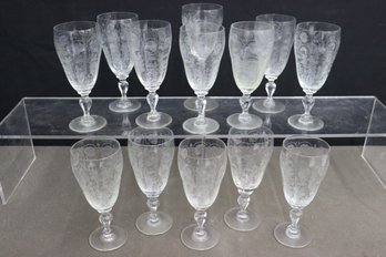 Group Lot Of 13 Climbing Rose Etched Pressed Glass Goblets