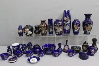 Big Grouping Of Cobalt Blue And Jet Black Asian Porcelain Vases, Cups, Etc