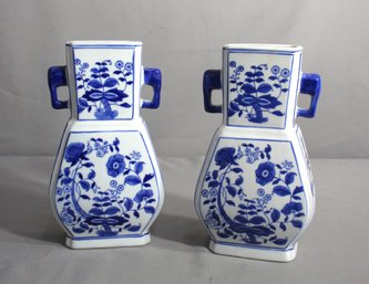 Pair Of Decorative Blue And White Fine Porcelain Seymour-Style Vases