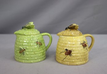 2 Vintage Honey Bee Hive Ceramic Creamers With Lid - One In Yellow & One In Green