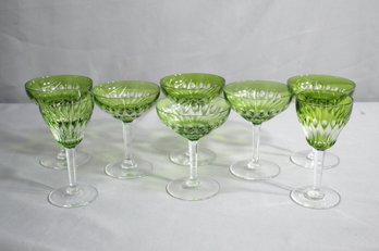 Vintage Lime Green Cut To Clear Thumbprint Goblets - 6 Coupe And 2 Wine