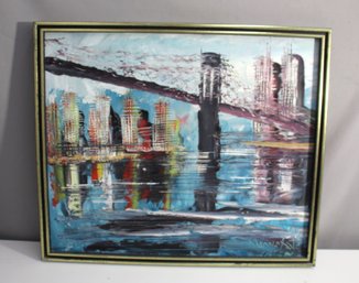 Morris Katz -Brooklyn Ny Manhattan Twin Towers Skyline  Painting -signed  1988