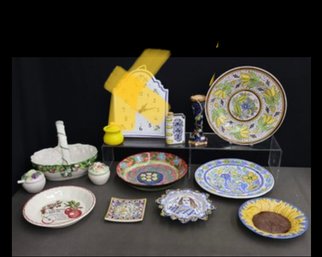 Group Lot Of Colorful Functional And Decorative Ceramic Items- CLOCK NOT INCLUDED
