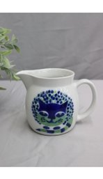 Vintage Arabia Made In Finland Blue And Green Cat Pitcher-1960s