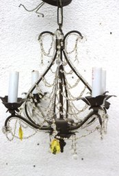 Vintage 4 Arm Chandelier With Clear Bead Strands And Amber Crystal Prisms