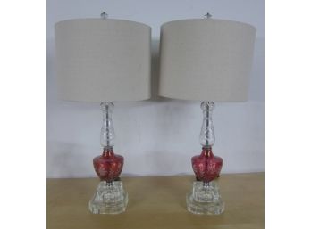 Pair Of Etched Cranberry Glass Lamp