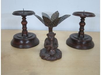 Pair Of Lillian August Wooden Candlesticks And Decorative Monkey Candlestick