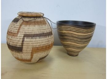 African Grass And Palm Baskets Wooden Vase
