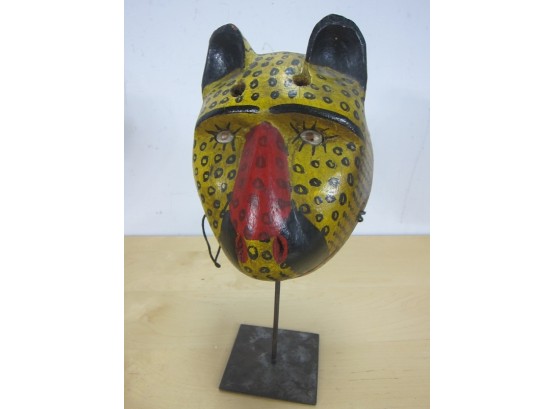 CARVED Wooden Mask Of A Cheetah On A Stand