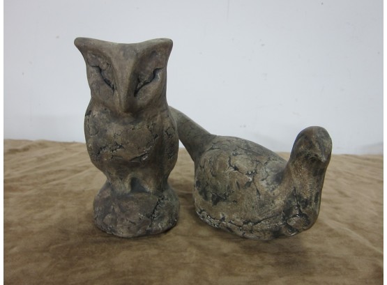 Pair Of Owls  Figurine With Wings Closed Clay White And Grey Handmade By Stan