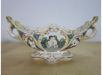 Italian Ceramic Capodimonte Large Centerpiece Bowl With Cherubs