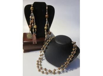 Lariat Necklace With Skull And Brass Ball And Brass Bead Necklace