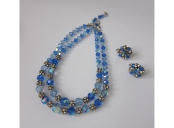 Vintage Blue Glass Beads And  Rhinestone Set