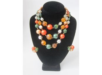 Vintage Multi-Color Bead Necklace Set W/ Matching Earrings