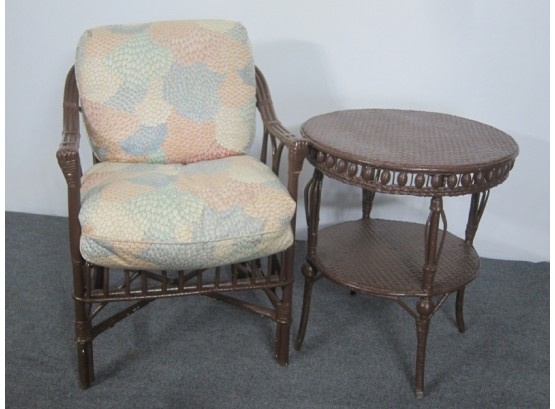 Brown Painted Wicker And Bamboo Chair And Round Stand