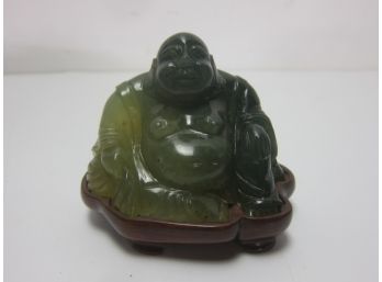 Vintage Chinese Jade Hardstone Carved Buddha With Wooden Stand