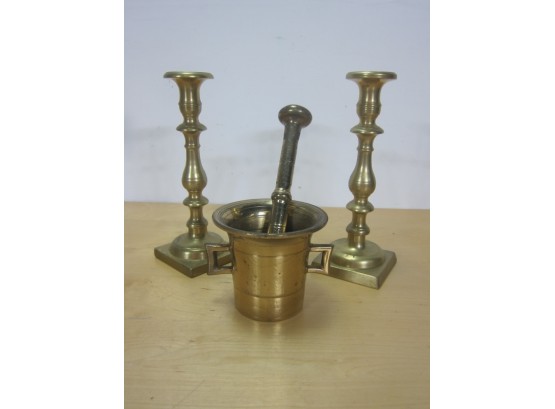 Brass Candle Holder & Brass Mortar