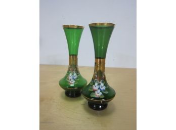 2  Vintage Hand Painted Blown Glass Green Bohemian Vase