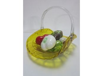 Yellow Glass Basket W/ Porcelain Fruits