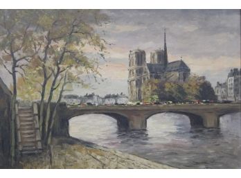 Signed  Oil On Canvas Of London Bridge & Notre Dame (15)