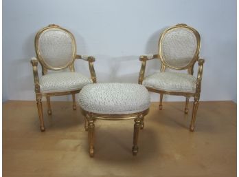 Pair Of French Style Doll Armchairs & Stool.