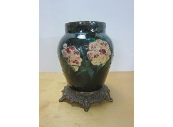 Pottery Vase On A Brass Base