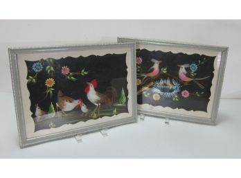 Pair Of Framed 1960s Bird Picture Made Of Real Feathers