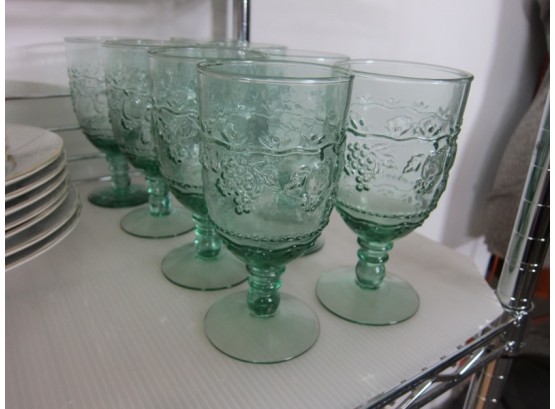 Footed Glass Goblets Teal Set Of 6 Turquoise Embossed Glassware