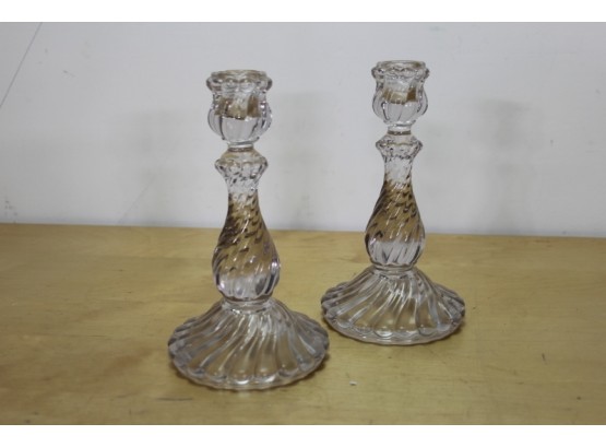 Pair Of Vintage Glass Candlestick Holders Pressed Swirl Pattern
